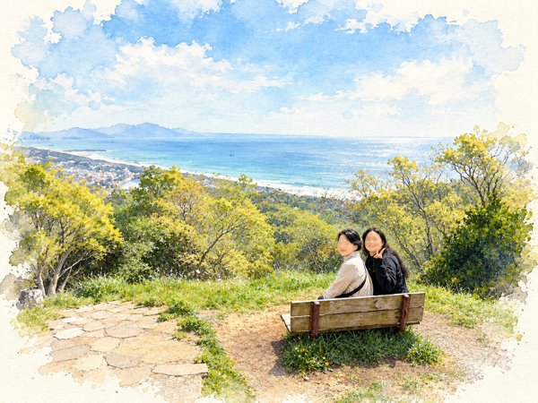 相模湾を眺める、湘南平のベンチ