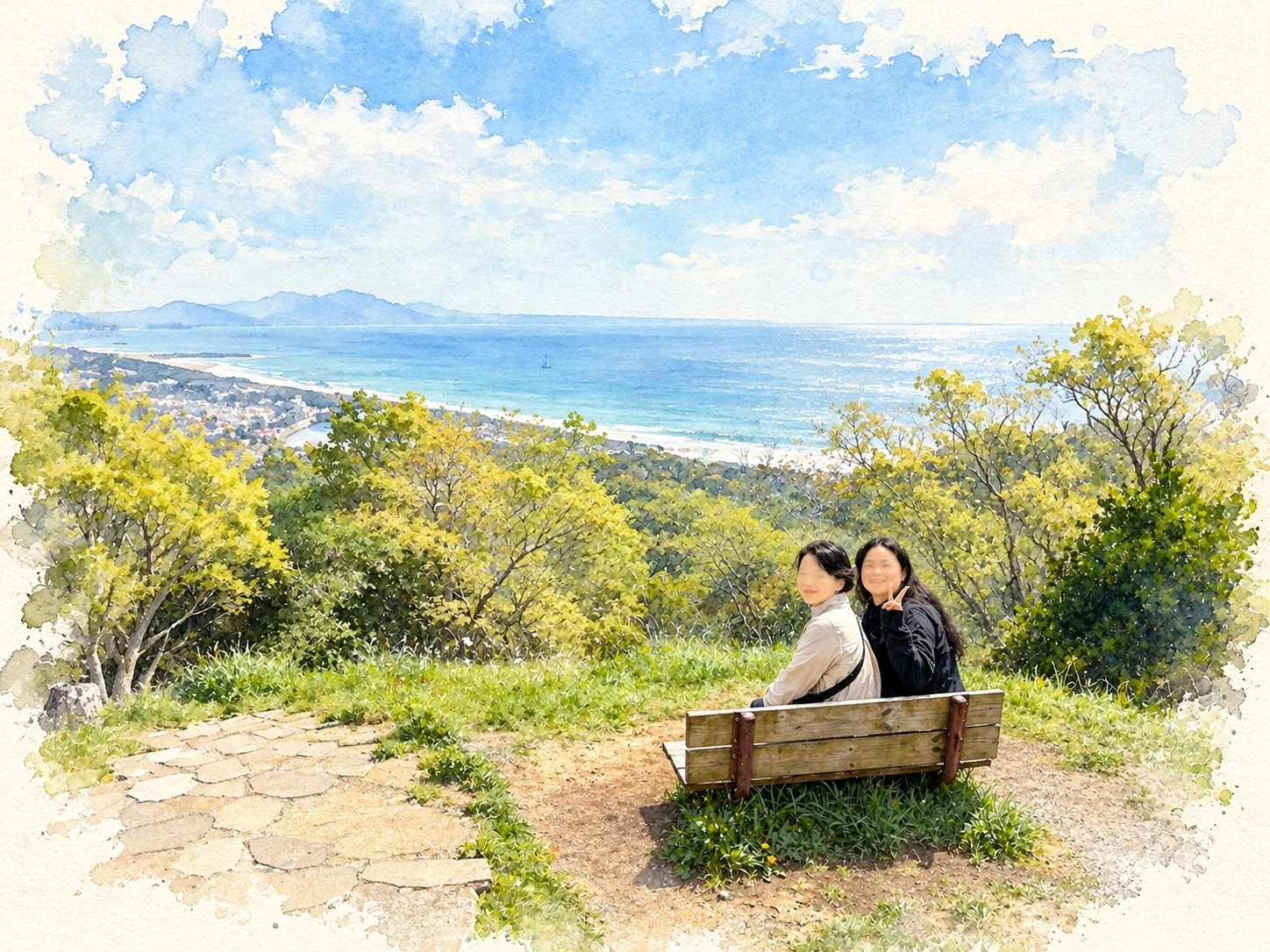 海を望む湘南平のベンチ
