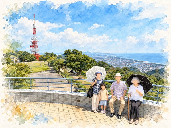 展望台で、海と街を見晴らす