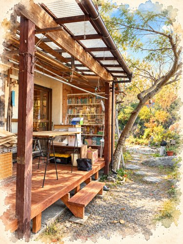 緑と光が差し込む、山荘の縁側