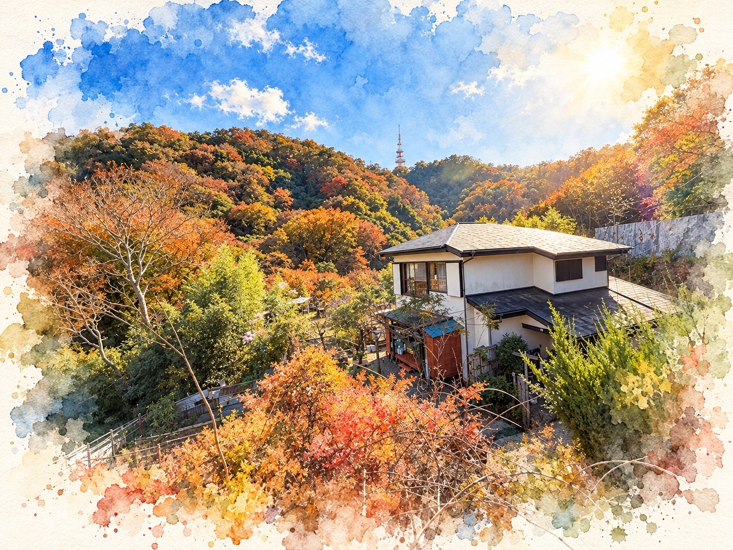 紅葉に包まれる高麗山山荘