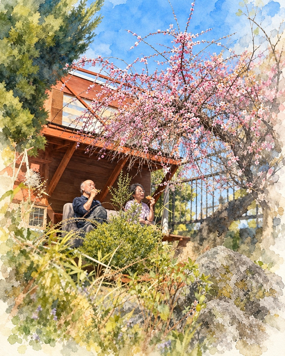 梅の木の下でお茶を楽しむご夫婦
