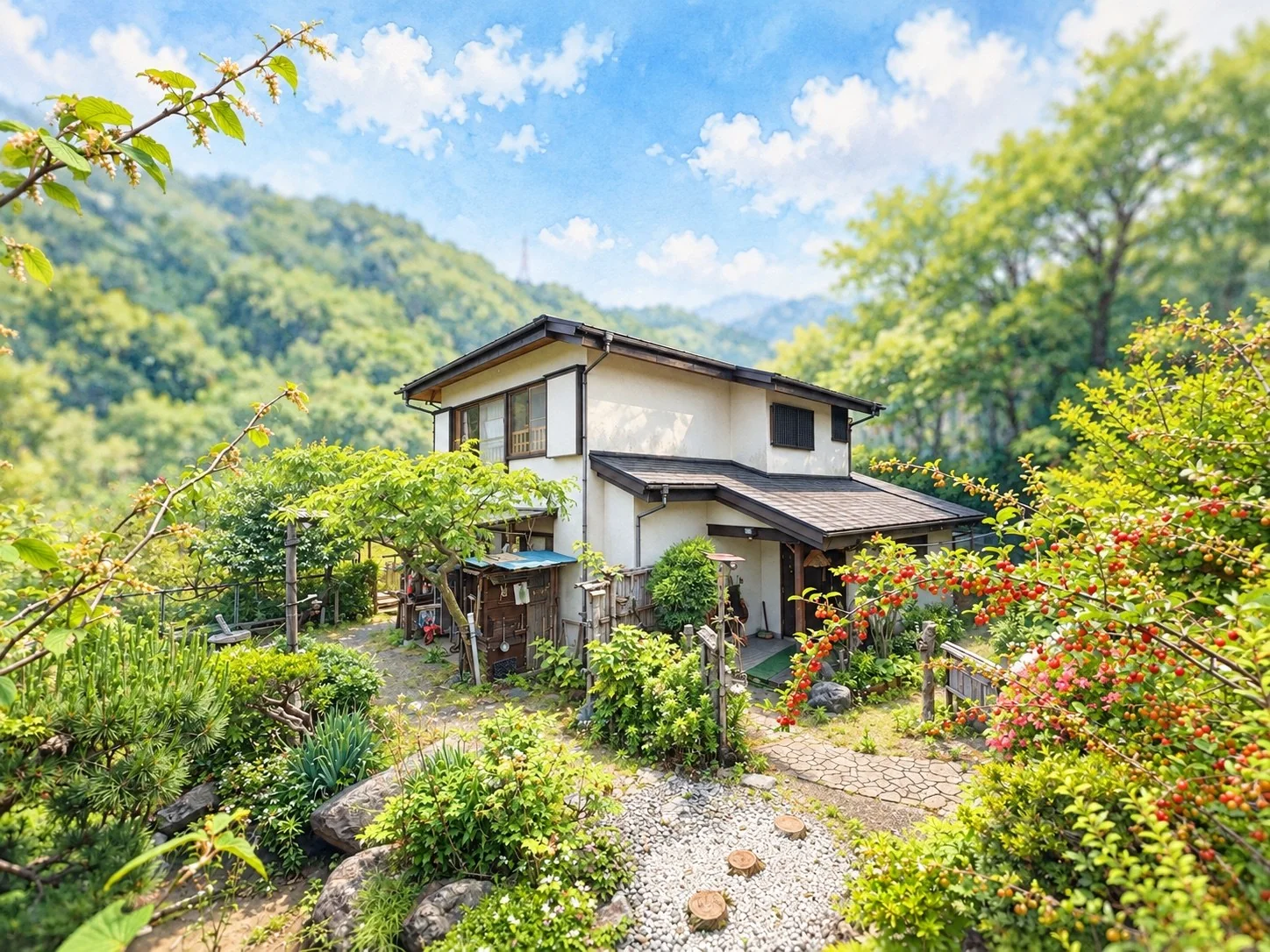 緑に囲まれた高麗山山荘の全景