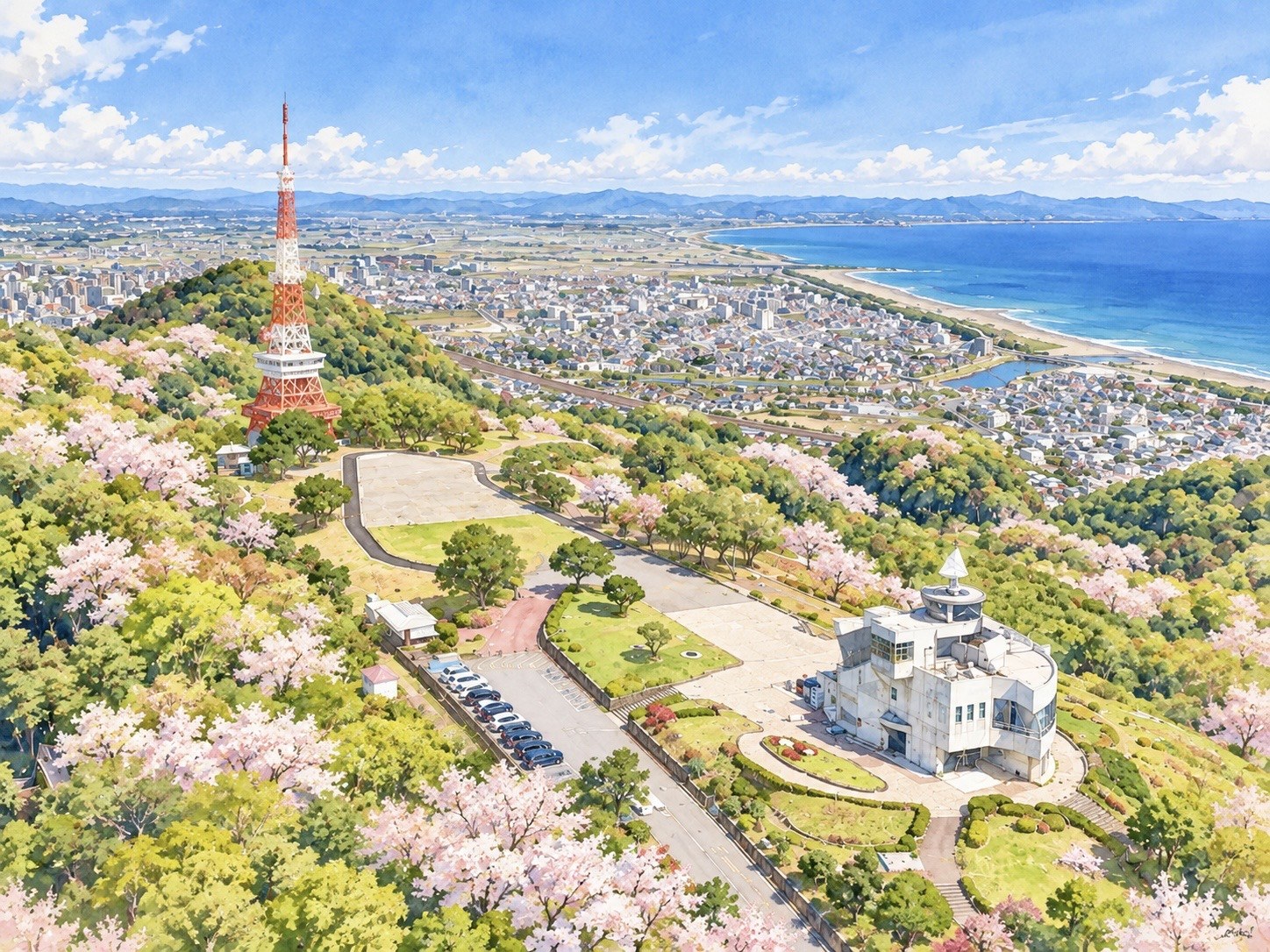 湘南平の展望台、桜と海岸線