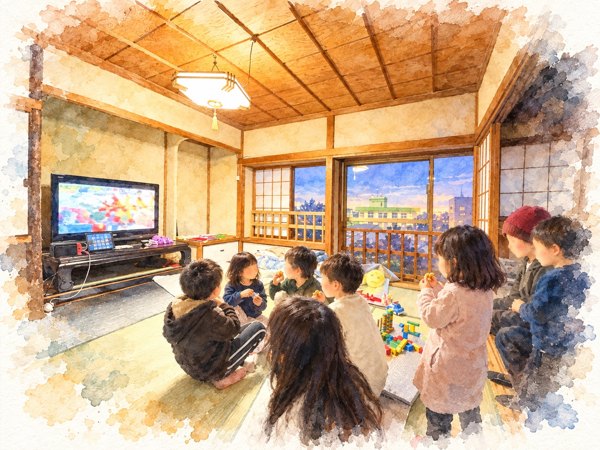 大きなテレビを囲む、和室の集まり